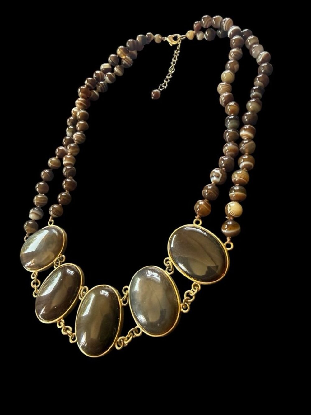 Vintage Agate Two Strand Knotted Beaded Necklace Statement Gold Tone Adjustable